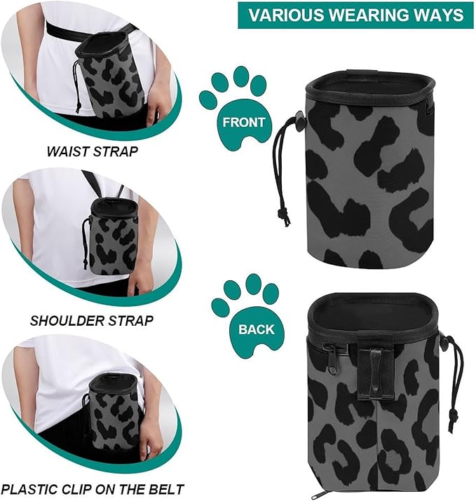 Portable Travel Dog Carrier Bag, Fashion Pet Training Package, Puppy Snack Pocket with Adjustable Waist Belt for Cat Dog Puppy Dark Gray Black Leopard Cheetah Print