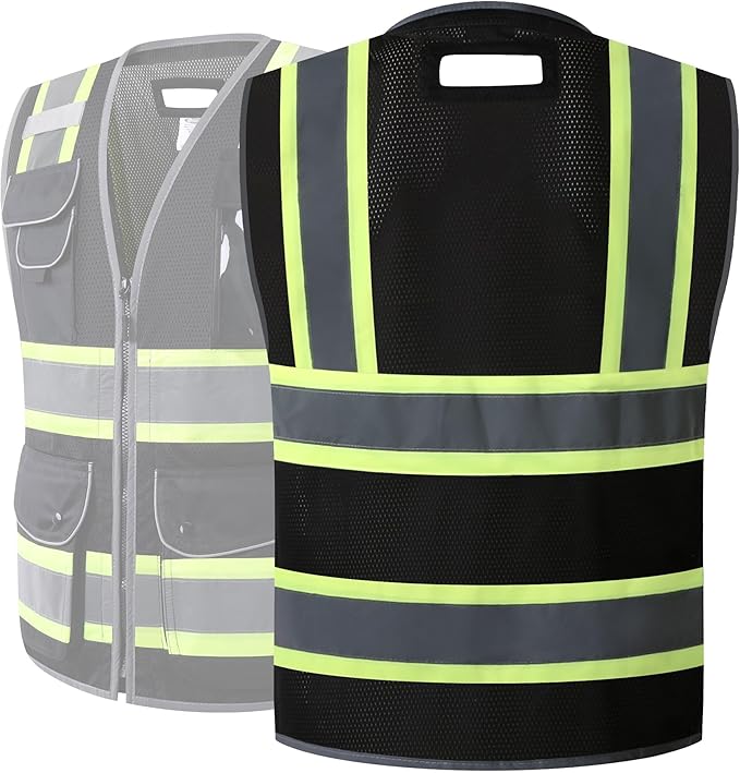 JKSafety 11 Pockets Hi-Vis Black Mesh Safety Vest for Men Women High Visibility Reflective Construction with Zipper Work Utility PPE Work Gear ANSI/ISEA compliant (102-Black 5XL)