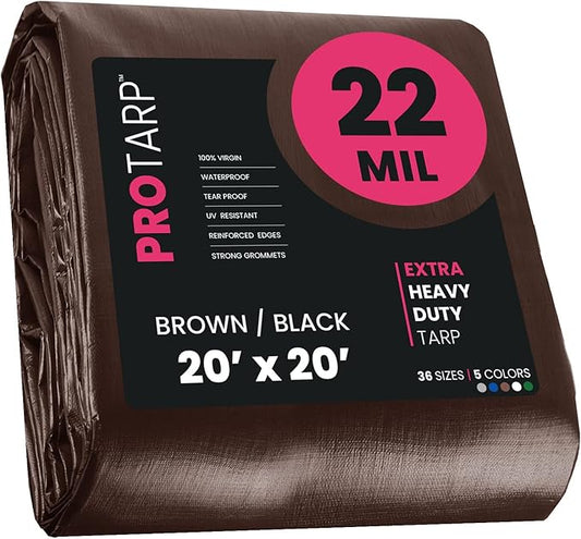 PROTARP Extreme Heavy Duty 22 Mil Tarp Cover, Waterproof, UV Resistant, Rip and Tear Proof, Poly Tarpaulin with Reinforced Edges for Roof, Camping, Patio, Pool, Boat. (Brown/Black 20′ X 20′)