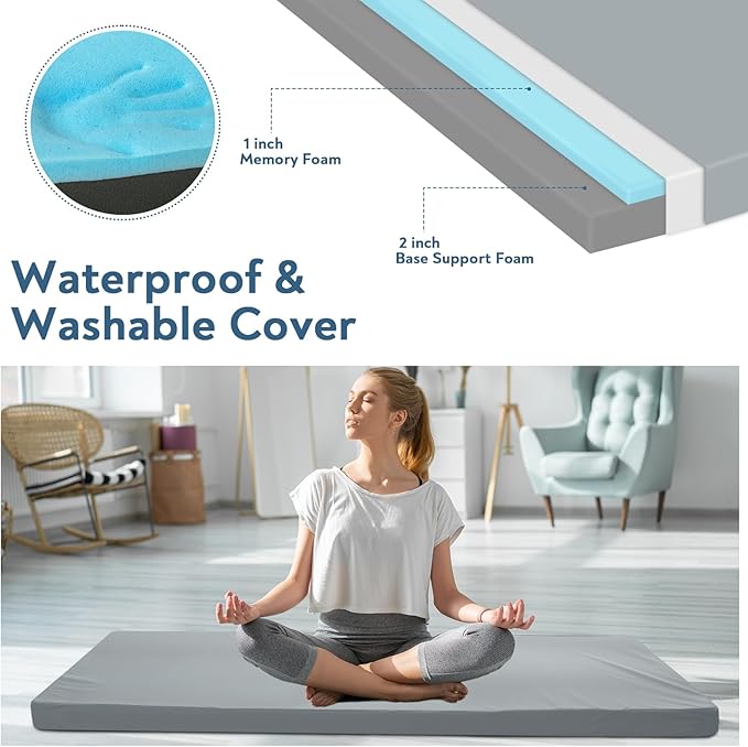 Memory Foam Camping Cot Mattress Pad, 3 Inch Thick Sleeping Pad with Waterproof Cover, Portable Roll up Cot Mattress Pad Mat for Travel Truck Bed Tent, Non-Slip Bottom, 72"×24"×3", Gray