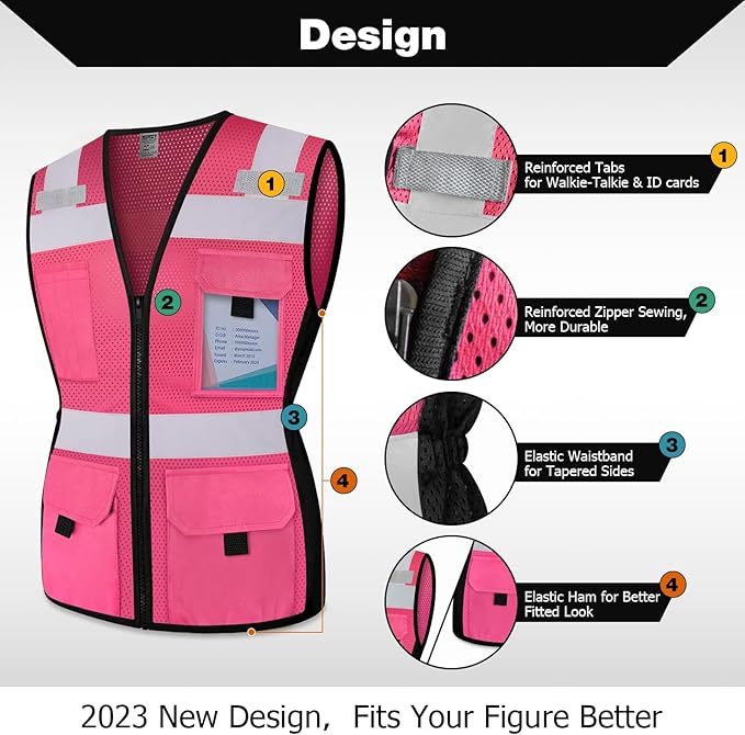 TCCFCCT Safety Vest for Women 11 Pockets Mesh Reflective Vest with Zipper, High Visibility Neon Construction Work Vest for Lady Workers/Surveyors/Drivers, Snug-Fit & Durable, ANSI Compliant, Pink M