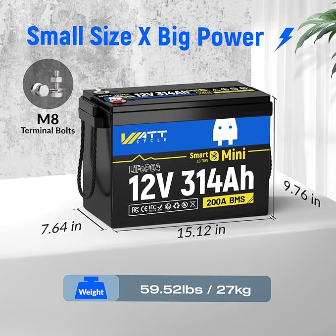 Wattcycle 12V 314Ah (300Ah) Mini LiFePO4 Lithium Battery - 15,000 Cycles, Bluetooth 5.0, 200A BMS, Aluminum Fins for RV, Marine, Solar, Lightweight 12v Lithium Battery (4 Packs)