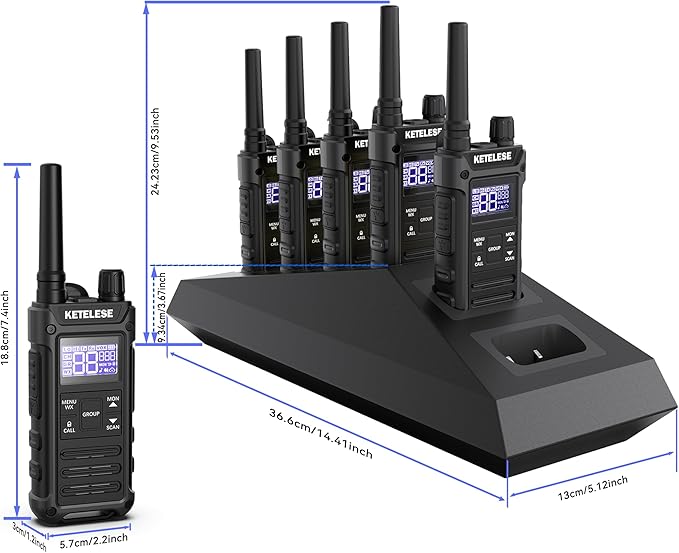 KETELESE T3G Heavy Duty Walkie Talkies, IP67 Waterproof Two Way Radio with Earpiece, Triple Proof, Three Charging Options, USB, NOAA, Emergency GMRS 2 Way radios(6 Pack), Black/Grey