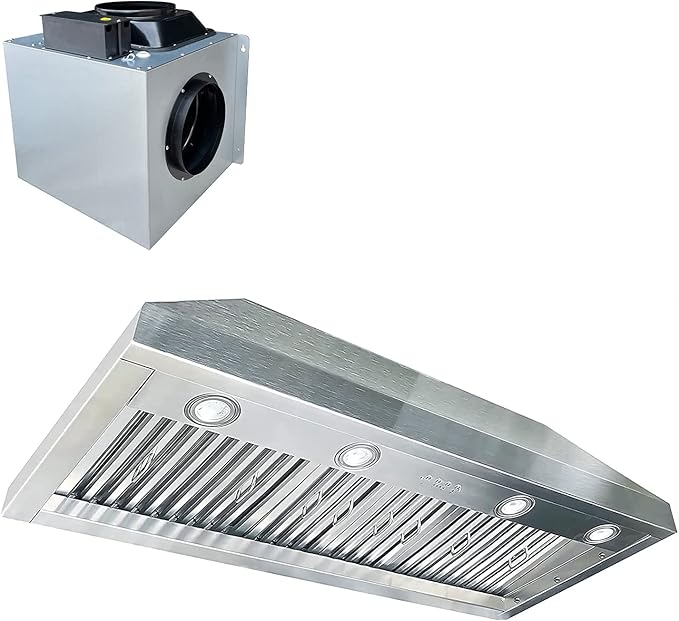 48-inch Range Hood Insert with Inline Remote Blower, CT Copper Tailor 1260CFM Kitchen Vent Hood, 4-Speed Exhaust Fan, 4 LED Lights, 8" Round Ducted,Baffle Filters, in Stainless Steel