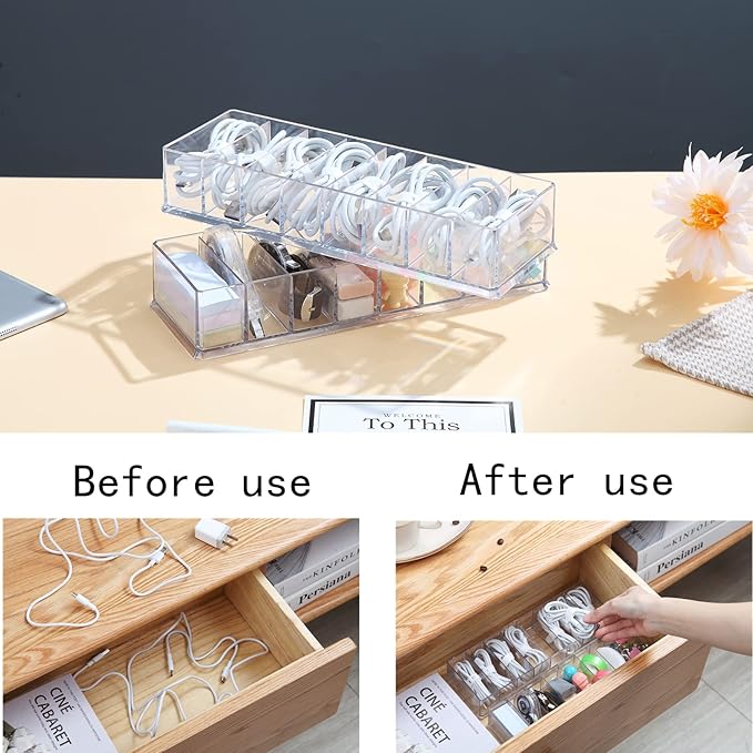 2PCS Clear Electronics Organizer Boxes, 8 Capacity Acrylic Charger Organizer, Cord Organizer Case with 20 Wire Ties, Data Cable Storage Box for Home, Office (Small Without Cover)