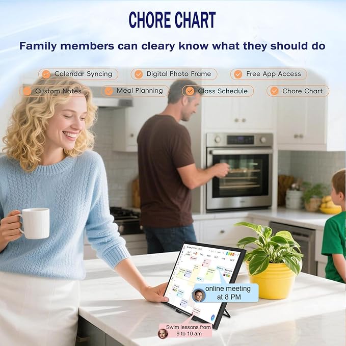 Upgraded Smart Digital Calendar Chore Chart with Digital Picture Frame feature, 15.6" HD Touchscreen Wall Calendar, No Subscription Required, Great for Organizing Your 2026 Calendar