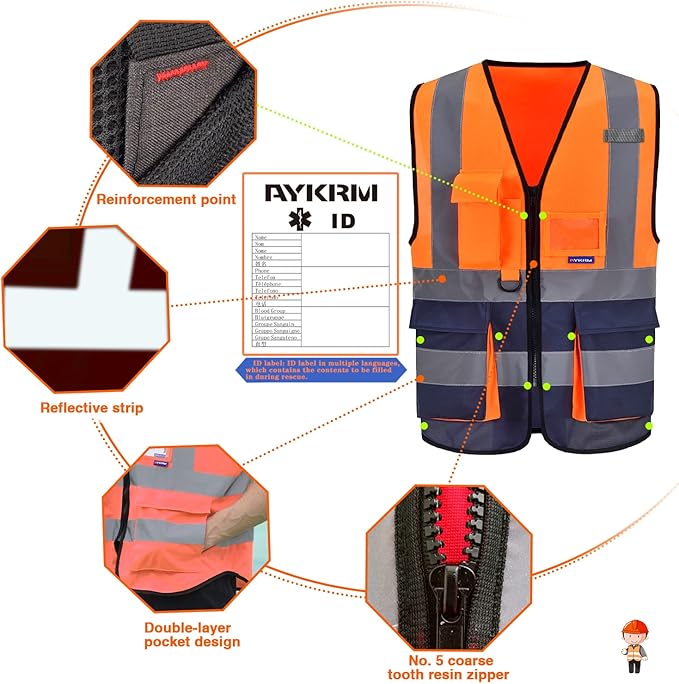 Orange&Navy 4XL-5XL High visibility vest,Reflective Safety Vest Workwear 7 Pockets Hi Vis Durable Vest with Reflective Tapes 4 Lower Pockets