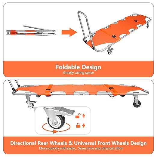 Folding Stretcher for Medical Emergency with Trolley 4 Wheels and Straps, Aluminum Alloy Portable Emergency Medical Stretcher for Hospital, Clinic, Home, Sports Venues, Ambulance