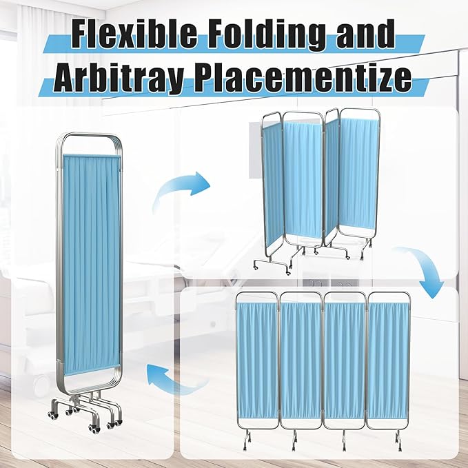 tonchean 4-Panel Medical Privacy Screens with Wheels Foldable Mobile Hospital Screen Silent Lockable Room Divider for Clinics, Nursing Homes and Salons, Blue