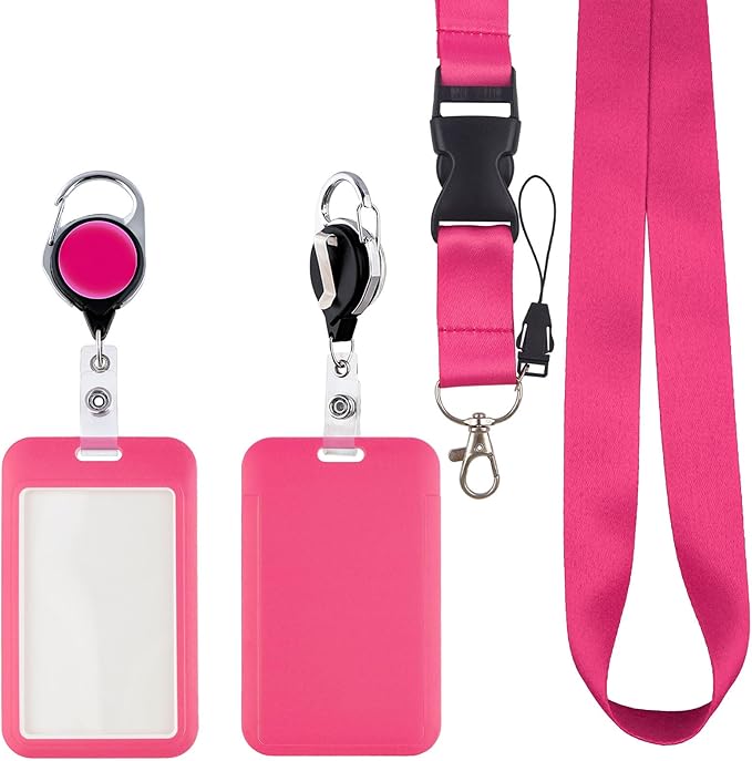 Pink Lanyards for Id Badges, Retractable and Breakaway with Work Card Holder, Detachable Lanyard with Keychain for Women Teacher Nurse