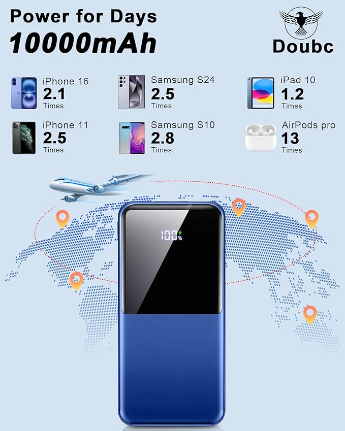 Portable Charger Power Bank, 10000mAh Mini Portable Battery Fast Charging Battery Pack Travel Essentials, PD 3.0 QC 4.0 External Phone Powerbank for iPhone Android Samsung and USB/USB-C Devices