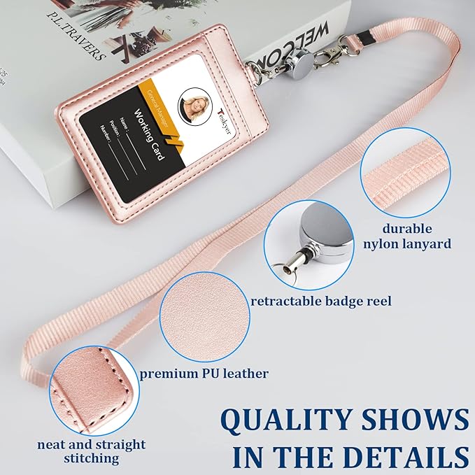 Teskyer Leather Badge Holder with Lanyard and Badge Reel, Retractable Lanyard ID Card Holder for Office School Name Work IDs, Rose Gold