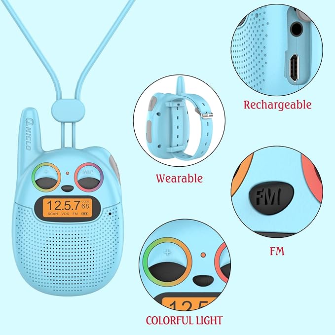 QNIGLO Kids Walkie Talkies 4 Pack, Rechargeable Walkie Talkies for Boys & Girls Ages 3-12, Long Range Two Way Radios with Lanyard and Wrist Strap, Perfect for Camping, Hiking & Outdoor Adventures