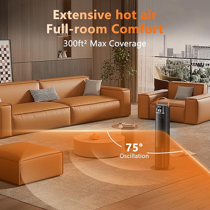 Space Heaters Indoor Use, 26" 12ft/s Electric Heater with Remote, 1500W Electric Heaters with 75°Oscillation, 1-12H Timer, PTC Electric Heater for Large Room, Bedroom Home Office