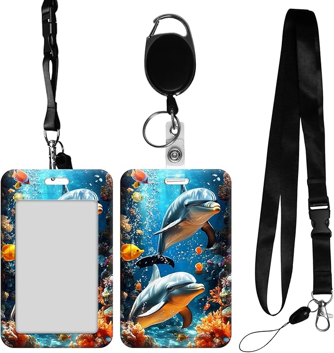 ID Badge Holder with Retractable Lanyard for Women & Men,Vertical ID Card Holder Wallet,Clear Window&Card Slot,Detachable Neck Strap for Nurse Teacher Office,Underwater Dolphin Scene
