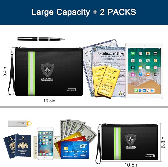 Fireproof Document Bag with Metal Zipper & Reflective Strip, Waterproof Fire Safe Pouch for Cash, Passport, Certificates, Valuables (2 Sizes: 13.3x9.4" & 10.8x6.8")