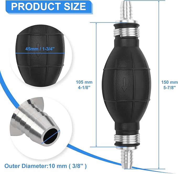 3/8" Boat Primer Bulb Marine for Outboard Motor Universal Fuel Line Hand Primer Bulb Manual Black Rubber Fuel Transfer Vacuum Pump for Gas, Gasoline,Diesel, Water