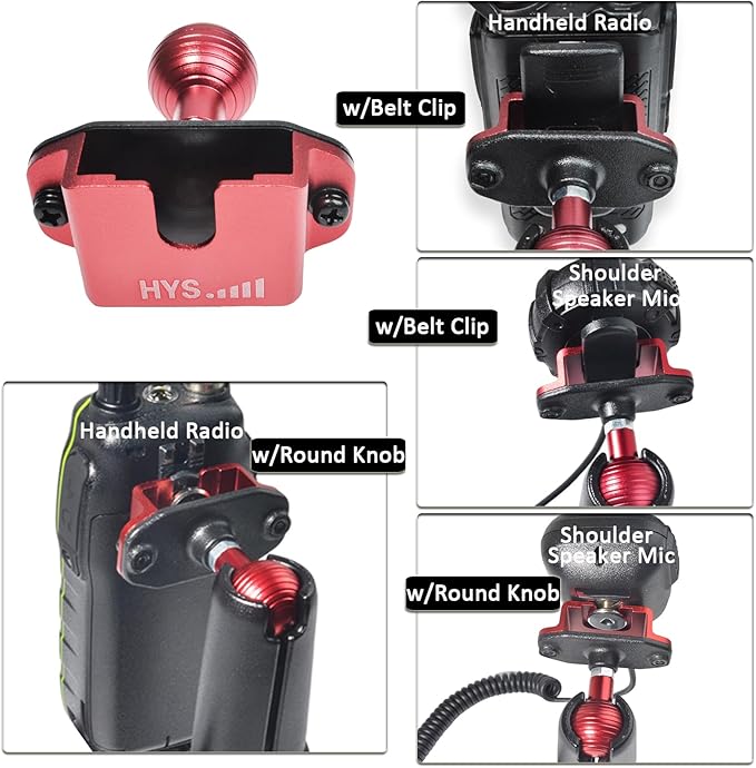 HYS 2 Way Radio/Walkie Talkie Mic Holder Aluminum Alloy with 1'' Ball for Handheld CB Radio W/ Belt Clip&Round Knob, Compatible with RAM Mounts B Size Double Socket Arm & Bike Motorcycle Radio Mount