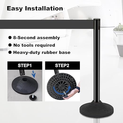 6 Pack Black Stanchions with Retractable Belts - Crowd Control Barriers, Heavy Duty Weighted Base for Events, Retail, Queue Lines