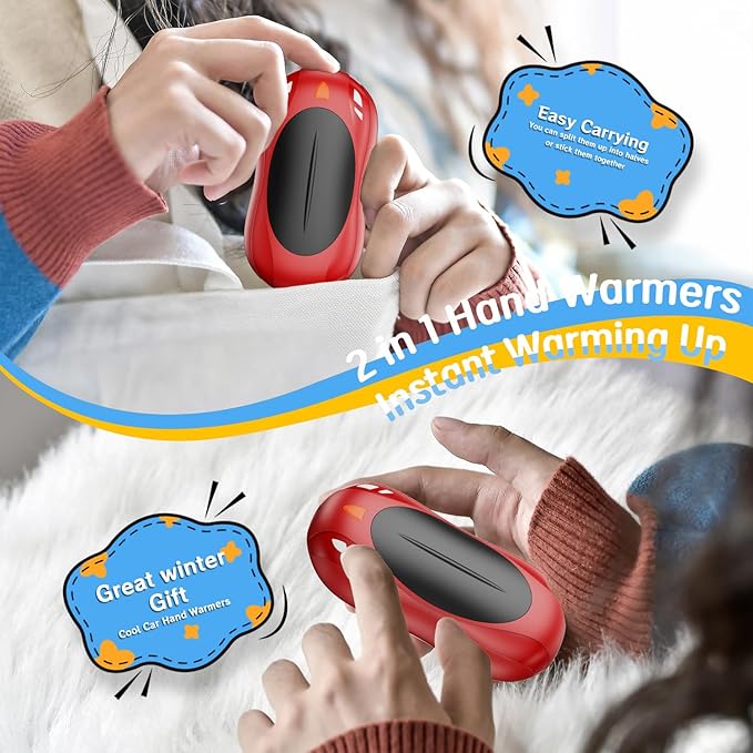 2 Pack Hand Warmers Rechargeable, 6000mAh AI Smart Chips Hand Warmers, Long Lasting Portable Heater for Christmas Xmas, Golf, Hunting Gear, Camping Accessories