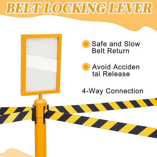 Therwen 6 Pack Heavy Duty Crowd Control Stanchions 9.8 ft Stainless Steel Stanchion Set with 6 Safety Barrier Post Retractable Belt and 1 Sign Holder Crowd Control Barrier(Stripe Belt,Yellow)