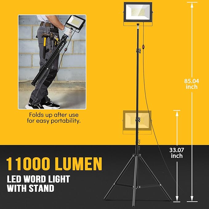 LIVOWALNY 11000 lm LED Work Lights with Stand Pack of 4, 110W Adjustable Head Tower Light with 13FT Cord, Portable IP65 Waterproof Tripod Flood Light for Job Site Workshop Garage Construction Lighting