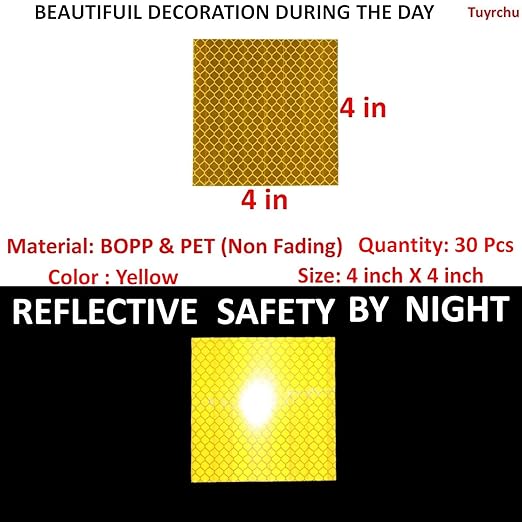 Yellow Reflective Stickers 4 inch X 4 inch, Outdoor Waterproof High Visibility Warning Safety Adhesive Reflector Tape (30 Pcs)