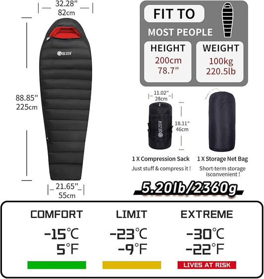 0 Degree Sleeping Bag for Adults 650 Fill Power Down Sleeping Bag for Cold Weather -20F / -8F / 0F / 10F Large Lightweight