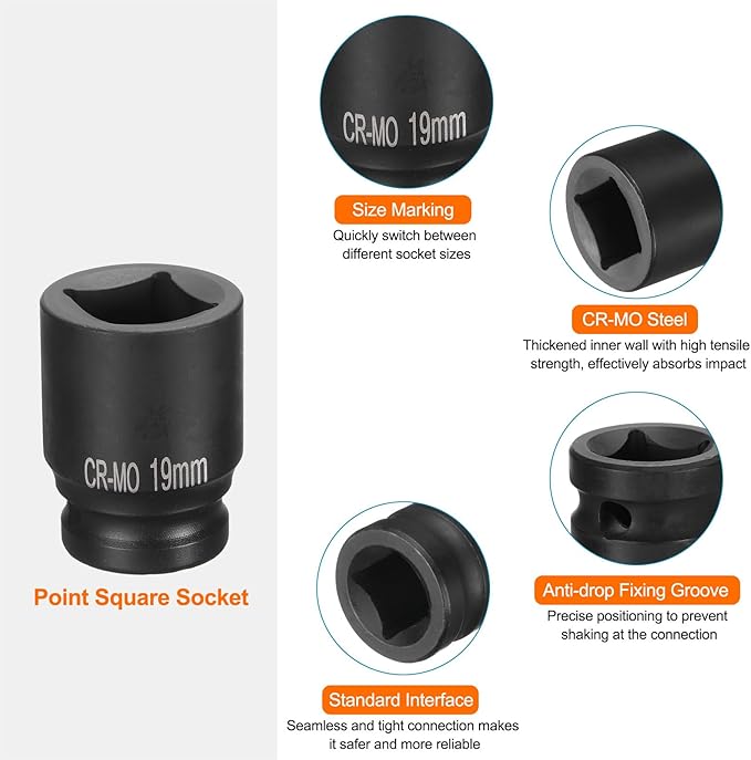HARFINGTON 4 Point Square Socket 1/2" Drive 19mm Metric Square Impact Socket CR-MO Blackening Standard Wheel Sockets Pneumatic Socket Tool for Auto Repair Mechanical Maintenance Home Use