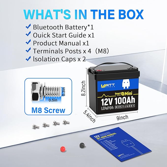 Wattcycle 12V 100Ah LiFePO4 Lithium Battery with Bluetooth,12V Mini 100A Smart BMS, BCI Group 24, Support Monitoring Battery via Phone Bluetooth 15000 deep Cycles