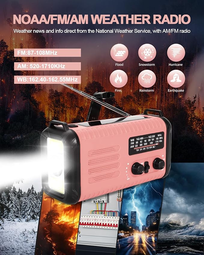 Emergency Crank Radio, 20000mAh / 74000mWh Solar Hand Crank Weather Radio with NOAA/AM/FM, Battery Powered Radio with Cell Phone Charger, Reading Lamp, Flashlight & SOS for Emergencies/Home (Pink)
