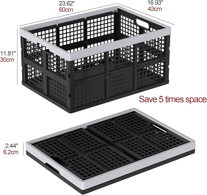 4 Packs 66 L Plastic Collapsible Storage Crates, Large Folding Stackable Crate