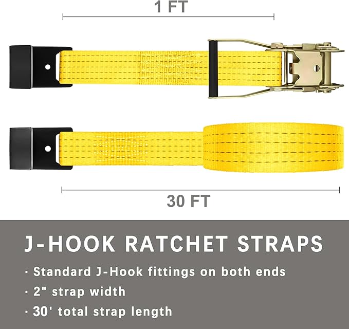 4Pack 2in 30ft Ratchet Strap Flat Hook Yellow Heavy Duty Flatbed Straps for Trailer Tie Down Straps Box Truck Accessories Cargo Loading 10000lbs Breaking Load