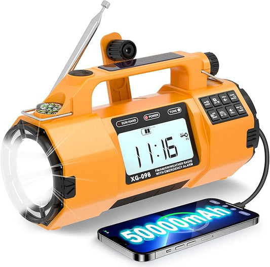 Hand Crank Emergency Radio with NOAA Weather Alert, Replaceable Battery, Rechargeable Portable Solar SW/AM/FM Radio, Clock SOS Alarm & Flashlight Headphone Jack Emergencies