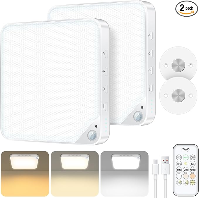 Rechargeable 8W Motion Sensor Ceiling Light Indoor, Wireless Magnetic Stick on Closet Light, Remote Control for Color & Brightness, Battery Operated Light for Shower, Bathroom, Pantry, Hallway, 2-Pack
