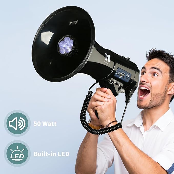 50w Megaphone with LED, Siren, 240s Recording & USB/3.5mm AUX/Bluetooth Input - Rechargeable Battery, for Police, Cheerleading, Rescue, Outdoor(Black)