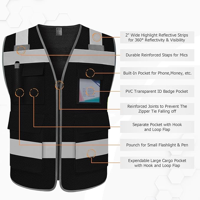 TCCFCCT Mesh Reflective Safety Vest 5 Pockets High Visibility Safety Vest for Men Women, Work Vest with Horizontal Strip for Walkie-talkie, Durable and Fashion, Meets ANSI/ISEA Standards, Black, L