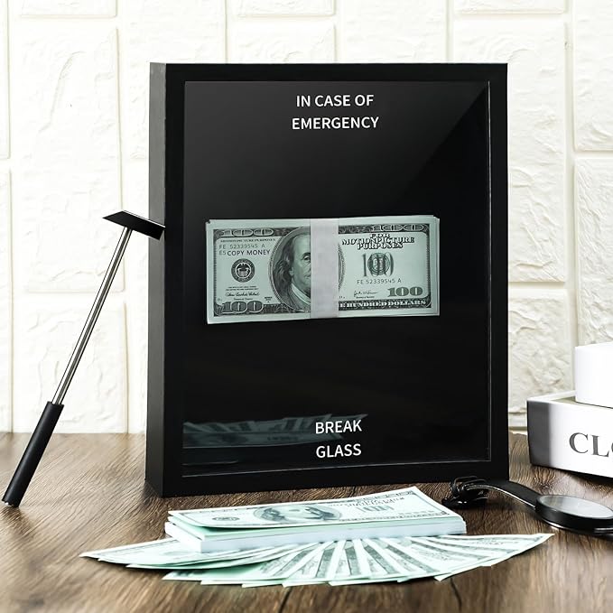 Marsui Emergency Break Glass Box with Hammer White Elephant Gag Gift 10"x8"x3" Wooden Display Case Wall Mountable for Christmas Birthday Money Not Included(Classic Emergency Box)
