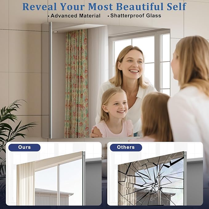 Bathroom Medicine Cabinet with Mirror, 16 Inch x 24 Inch Bathroom Mirror Cabinet with Single Door & Adjustable Shelves, Surface Mount or Recess Installation