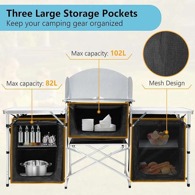 Seeutek Camping Kitchen Table, Aluminum Portable Outdoor Cooking Table Foldable Camp Table with Windscreen and 3 Storage Cupboards Multifunctional for BBQ, Party, Picnics & Outdoor Activities Black