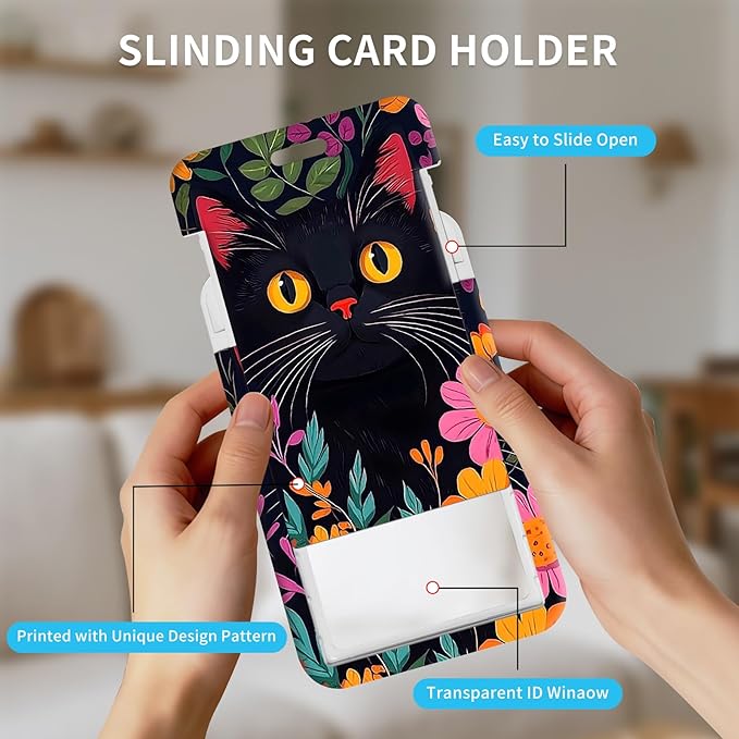 ID Badge Holder with Retractable Lanyard for Women & Men,Vertical ID Card Holder Wallet,Clear Window&Card Slot,Detachable Neck Strap for Nurse Teacher Office,Flower Cute Cat