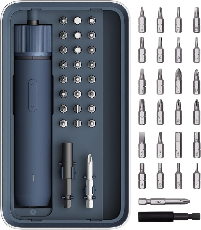 HOTO Electric Screwdriver Kit, Upgraded 1/4'' Hex 25 Bits, Magnetic Lid, Rechargeable Cordless Screwdriver, 3 Torque Settings, 1500mAh Battery, LED Light, Ideal for Assembling Furniture, Home Repair