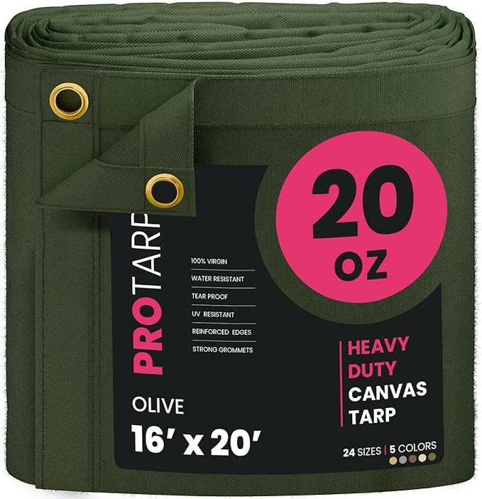 PROTARP Extreme Heavy Duty 20 OZ Water Resistant Canvas Tarp, UV Resistant Tarpaulin Cover with Rustproof Brass Grommets, Multipurpose for Canopy, Roof, Camping, Woodpile (Olive 16'X20')