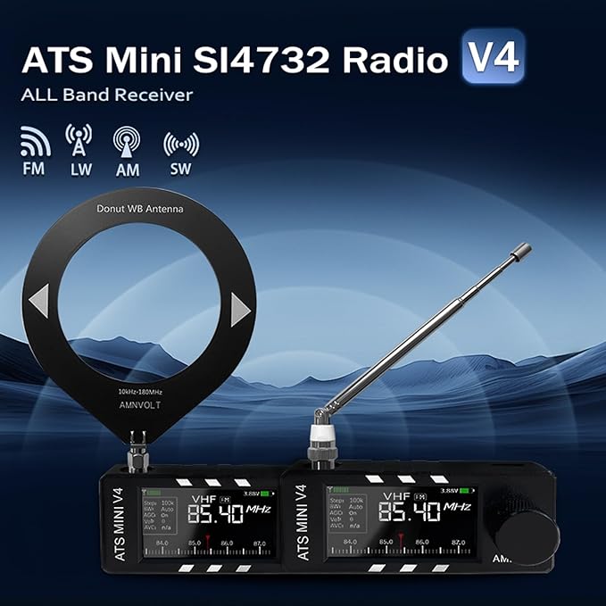 AMNVOLT V4 ATS MINI DSP Radio, ESP32-S3 & SI4732 Chip, Multi-Band AM/FM/LSB/USB Receiver, 1.9'' IPS Color Screen, with Headphone Amplifier & Hi-Z Circuit, Portable for Travel and Radio Enthusiasts