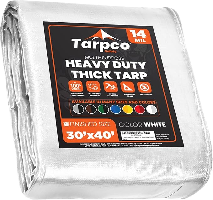 Tarpco Safety Extra Heavy Duty 14 Mil Tarp Cover, Waterproof, UV Resistant, Rip and Tear Proof, Poly Tarpaulin with Reinforced Edges for Roof, Camping, Patio, Pool, Boat (White 30′ X 40′)