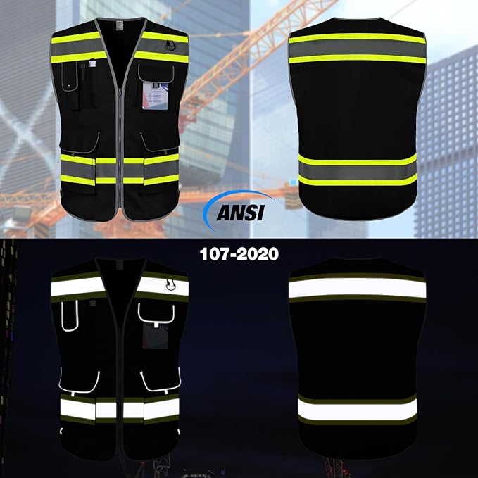 TCCFCCT Hi Vis Vest 9 Pockets High Visibility Reflective Safety Vest for Men Women, Construction Work Vest with Fluorescent Yellow Extend Edge, Durable to Use, Meets ANSI/ISEA, (DB-Black, Medium)