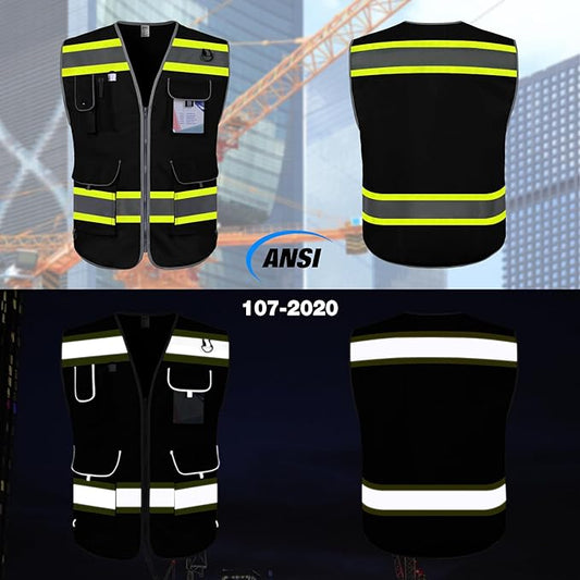 TCCFCCT Hi Vis Vest 9 Pockets High Visibility Reflective Safety Vest for Men Women, Construction Work Vest with Fluorescent Yellow Extend Edge, Durable to Use, Meets ANSI/ISEA, (DB-Black, Medium)