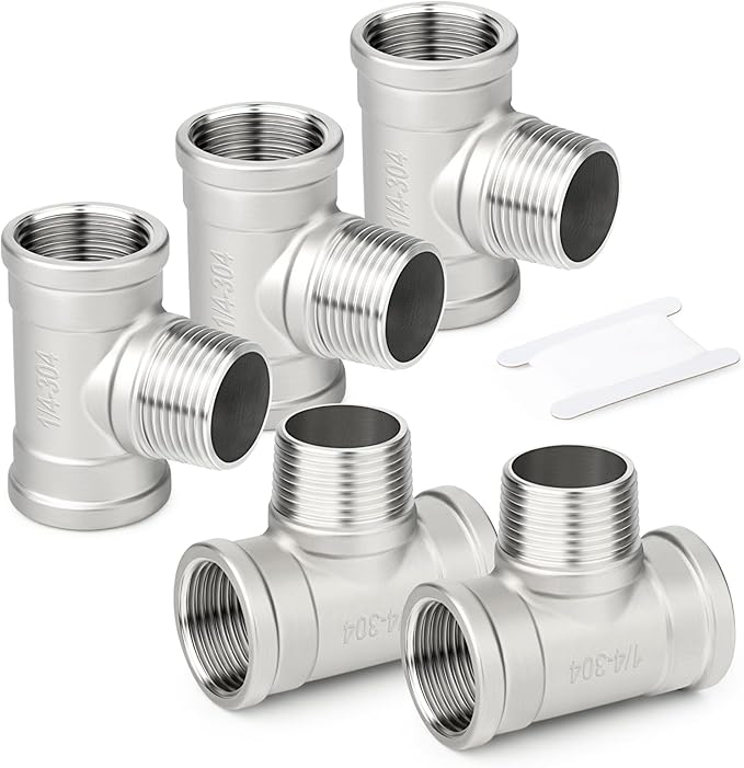 TAISHER 5PCS 304 Stainless Steel Tee Pipe Fittings, 1/4" NPT Female x 1/4" NPT Male x 1/4" NPT Female Pipe Fittings, Male Branch Tee
