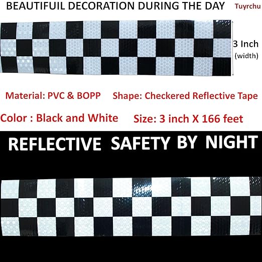 Reflective Tape Black White 3 inch Wide for Automobile, Outdoor Waterproof High Visibility Safety Warning Adhesive Strips (166 feet)