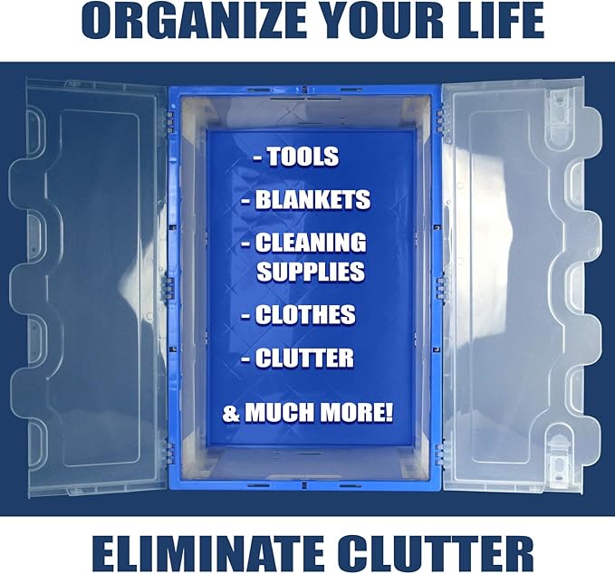 Mount-It! Folding Plastic Storage Crate, Collapsible Utility Distribution Container with Attached Lid, 23x15x13 Inches, 65L Liter Capacity, Clear (SET OF 3)